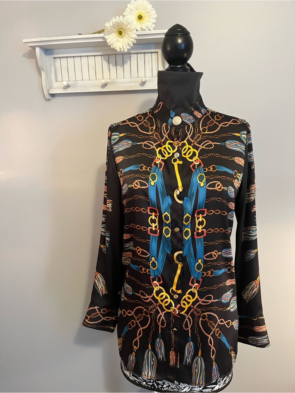 Zara Black Long-Sleeve Chain & Tassel Print tunic with Blue and Yellow Accents